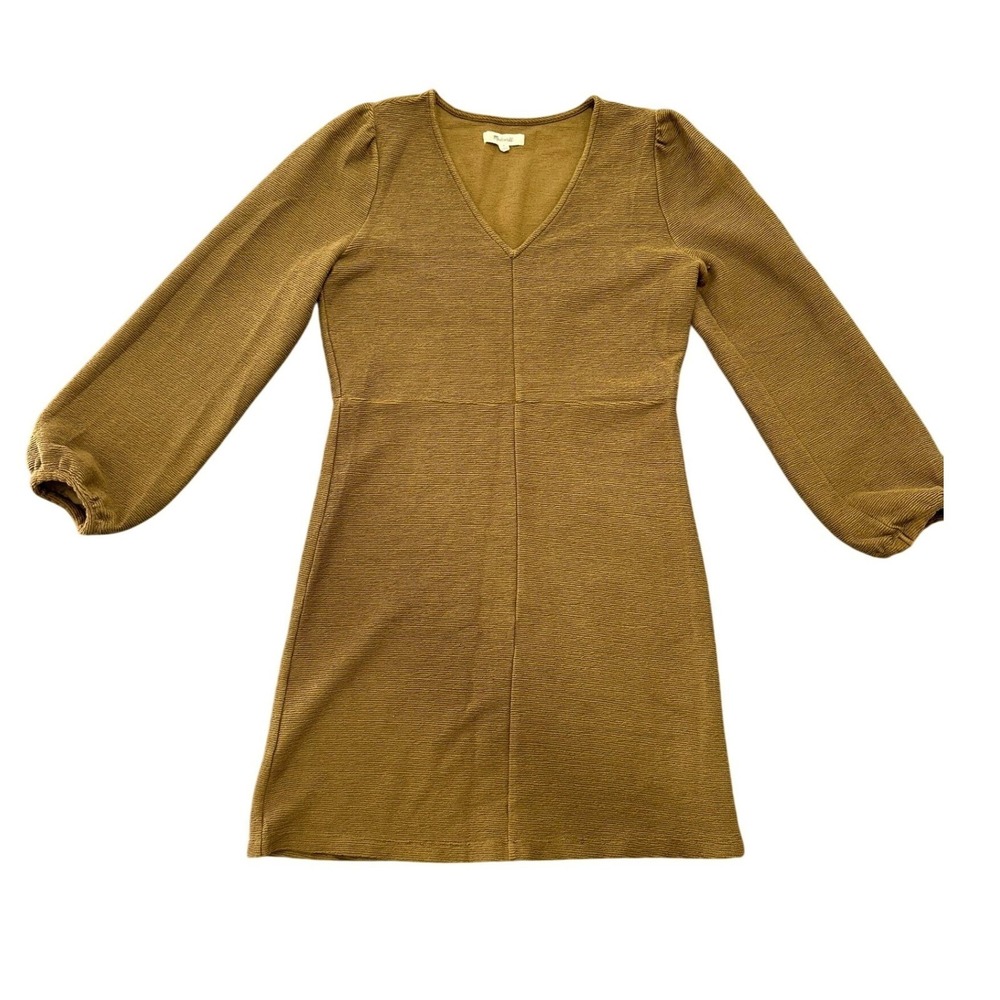 Madewell Womens Ribbed V-Neck Balloon Sleeve Mini Dress Brown Mustard Size M